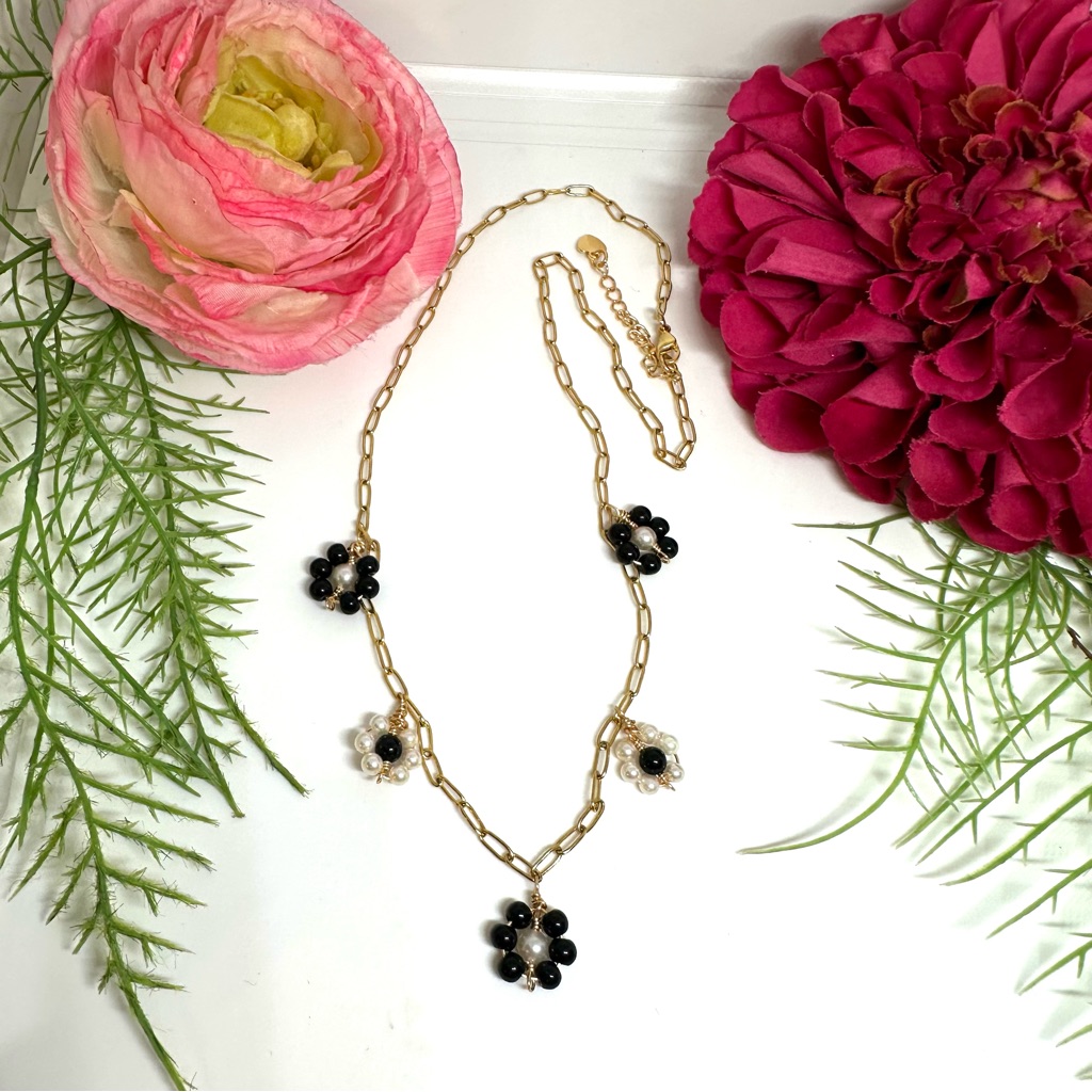 Onyx & Freshwater Pearl Flower Charm Necklace